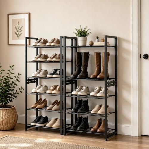 6 Tier Shoe Rack, Stackable Metal Organizer with Adjustable Feet, 2-in-1 Shoe Shelf Holds 12 Pairs, Perfect for Entryway Garage Closet, Black - size: 6 Tier