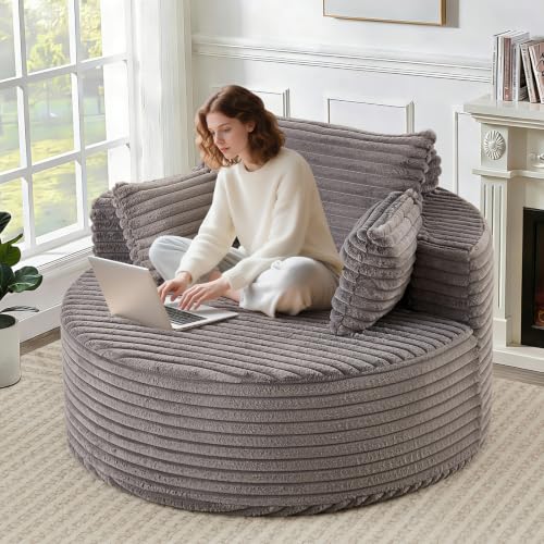 50'' Oversized Round Chaise Longue Chair, Upholstered Corduroy Single Cloud Circle Sofa Chair Comfy Deep Seat Boneless Couch Bed No Assembly Required for Living Room, Bedroom Apartment, Gray - color: Grey, style: 50"Corduroy