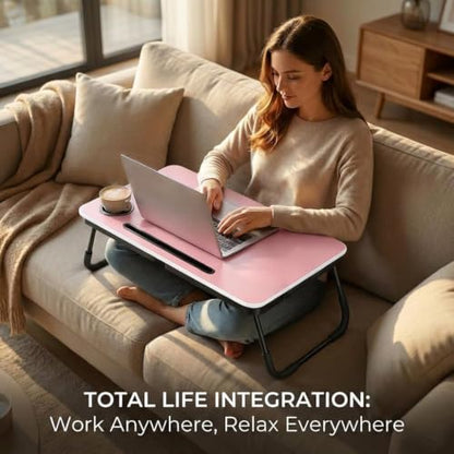 BUYIFY 23.4" Foldable Lap Desk Bed Table with Cup Holder Portable Tray | Folds Flat for Easy Storage, No Assembly Laptop Bed Desk, Sturdy and Lightweight, Patent Design,Pink - color: Pink