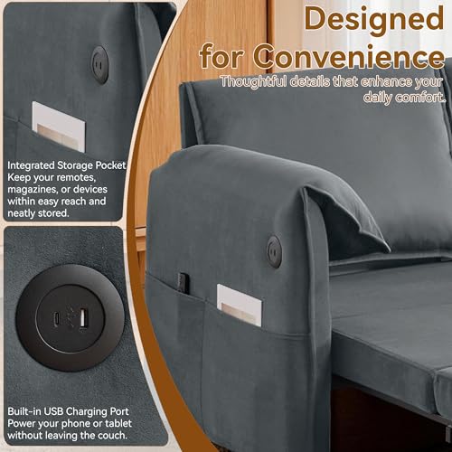 63" 3-in-1 Velvet Convertible Sleeper Sofa Bed, Modern Adjustable Backrest Loveseat Pull Out Couch with USB & Side Pocket, Small Space Love Seat Sofa Bed for Living Room, Bedroom, Grey Velvet - color: Grey