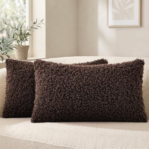 decorUhome Sherpa Decorative Throw Pillow Covers 12x20 Set of 2 Chocolate | Soft Fuzzy Texture, Heart-Shaped Zipper, Cozy Lumbar Accent Pillow Covers for Sofa Couch Living Room Bedroom, Neutral Style - color: Chocolate, size: 20" x 12" (Pack of 2)