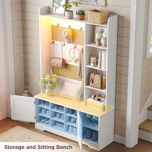 Maupvit 67" H Boho Rattan Hall Tree with LED Light, 4-in-1 Entryway Shoe Cabinet with Coat Rack, Cushioned Bench & Hidden Storage, Freestanding Mudroom Bench with Hooks & Shelves for Hallway, Foyer