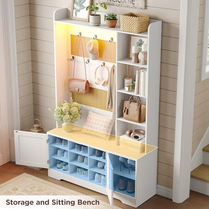Maupvit 67" H Boho Rattan Hall Tree with LED Light, 4-in-1 Entryway Shoe Cabinet with Coat Rack, Cushioned Bench & Hidden Storage, Freestanding Mudroom Bench with Hooks & Shelves for Hallway, Foyer