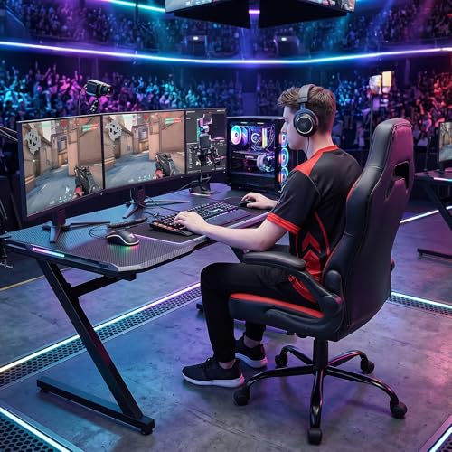 Sweetcrispy Gaming Chair, Lumbar Support Home Office Computer Chair | PU Leather, Flip-up Armrest, Swivel Wheels, Height Adjustable, Video Racing, Red - color: Red