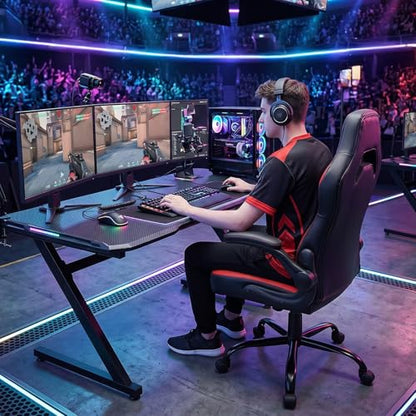 Sweetcrispy Gaming Chair, Lumbar Support Home Office Computer Chair | PU Leather, Flip-up Armrest, Swivel Wheels, Height Adjustable, Video Racing, Red - color: Red