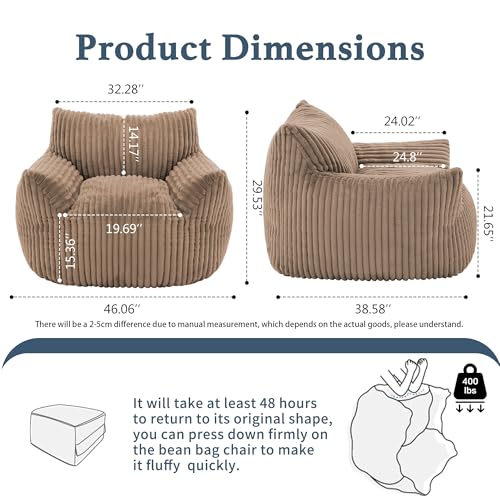 Giant Plush Bean Bag Chair for Adults with Armrests - Oversized Comfy Khaki Beanbag Lounge Lazy Floor Sofa Chair for Living Room, Bedroom & Dorm, Cozy Fluffy Single Cloud Mini Couch - color: Khaki, size: XL Sofa Chair
