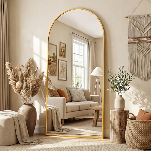 71"×32" Arched Full Length Floor Mirror, Standing Mirror with Aluminum Frame, Large Body Mirror of Free Standing/Wall Mount/Leaning for Bedroom, Living Room, Dressing Room, Gold - color: Gold, size: 71"L x 32"W