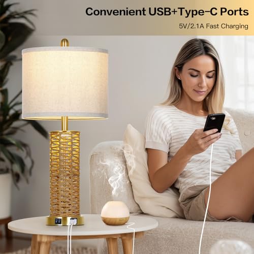 CINSARY 27" Natural Rattan Table Lamps Set of 2, Boho Bedside Lamp for Bedroom with Night Light, Woven Wicker Nightstand Lamps with 2 USB Ports & AC Outlet, Tall Farmhouse Living Room Lamp, Gold - color: Rattan and Gold