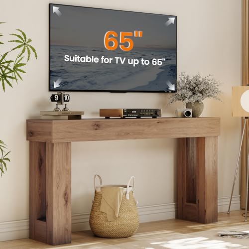 Apicizon 63" Long Console Table for Entryway with LED Light, Farmhouse Wooden Sofa Table Behind Couch, Narrow Entry Way Table for Living Room, Hallway, Entrance, Foyer, Brown - color: Light Brown