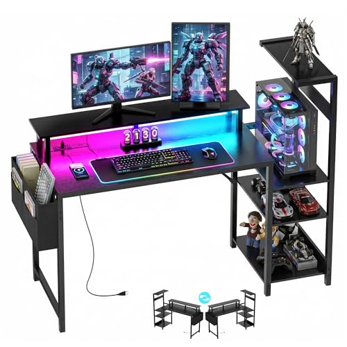 Gaming Desk 47 Inch Computer Table with Storage Shelves & Monitor Stand | LED Setup Style, PC Tower Stand, Reversible Workstation, USB Charging Port, for Home Office Desk, Bedroom, Dorm, Black - size: 47inch
