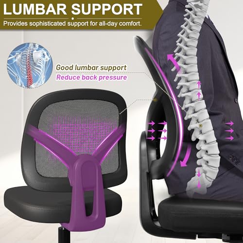 Swivel Armless Office Desk Chair No Arms with Back Support Rolling Wheels for Small Spaces Adult