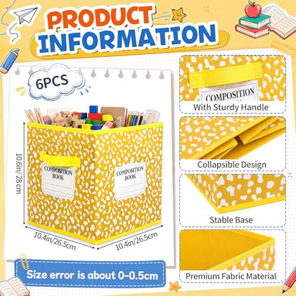 Crtiin 6 Pcs 11in Composition Book Classroom Fabric Storage Bins Cube Classroom Cubby Baskets with Handles Collapsible Bins for School Daycare Elementary Preschool Home Office (Composition Book) - style: Composition Book