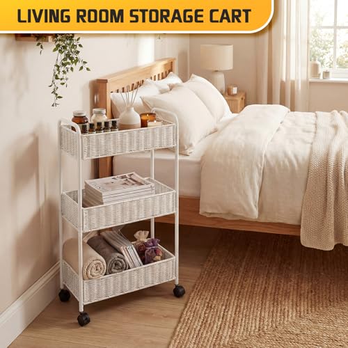 Utility Slim Storage Cart,3-Tier Rolling Kitchen Office Laundry Room Cart,Mobile Shelving Unit Organizer for Living Room Bathroom Baby Diaper Narrow Places (White, UC-White-7.1inch) - color: White