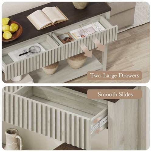 47In Entryway Table with Drawers, Sofa Tables with Storage | Console Tables for Entryway, Two-Tier Narrow Hallway Tables, Modern Fluted Panel, Walnut and Washed Grey Oak - color: Walnut and Washed Grey