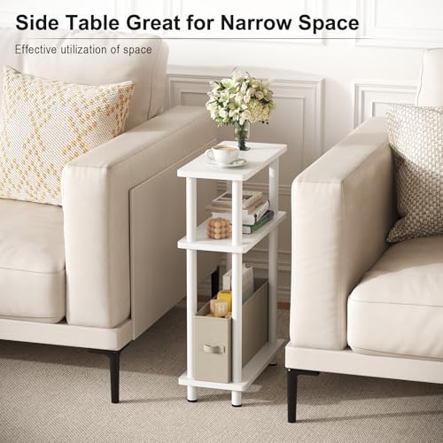 Apicizon Narrow Side Table with Fabric Basket, 3-Tier End Table, White | Sofa Side Table, Wood Storage Shelf, Slim Nightstand, Skinny Bedside Table for Narrow Spaces, Living Room, Bedroom - color: White, style: Narrow Side Table with Basket
