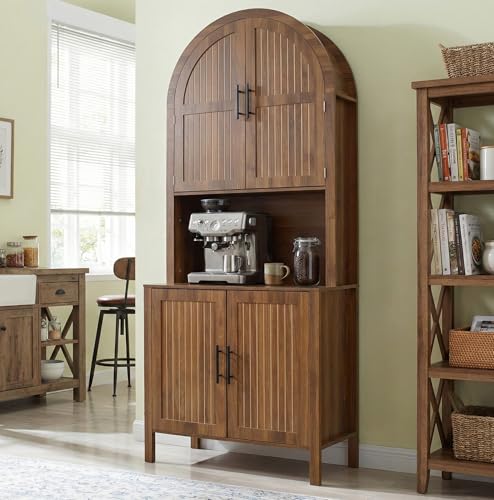 76" Tall Arched Kitchen Pantry, Large Kitchen Storage Cabinet with Fluted Doors and Microwave Stand, Modern Wood Buffet Sideboard, Adjustable Shelves, Cupboard for Dining Room, Living Room, Walnut - color: Walnut