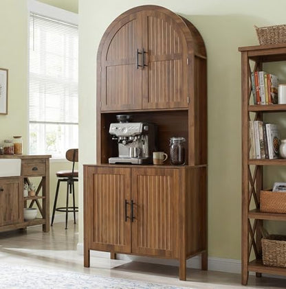 76" Tall Arched Kitchen Pantry, Large Kitchen Storage Cabinet with Fluted Doors and Microwave Stand, Modern Wood Buffet Sideboard, Adjustable Shelves, Cupboard for Dining Room, Living Room, Walnut - color: Walnut