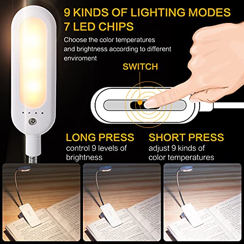 VAVOFO Clip On Book Light for Bed Kids, 7 LED Reading Light with 9-Level Warm Cool White Daylight, Eye Care Lamp with Power Indicator for Bookworms (White) - color: White