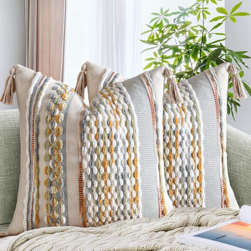 Set of 2 Chenille Striped Textured Boho Throw Pillow Covers Aesthetic with Tassels Woven Decorative Pillow Case for Couch Bed Sofa Bedroom Modern Funky 18 x 18-Inch Grey - color: Grey, size: 18" x 18" (Pack of 2)