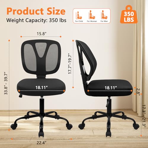 CLATINA Armless Home Office Chair, Adjustable Height Backrest Ergonomic Mesh Desk Chair with Wheels, 360° Swivel Small Computer Task Chair for Home Office, Study, Meeting Room, Black(4 Pack) - color: Black-neva, size: 4 Pack