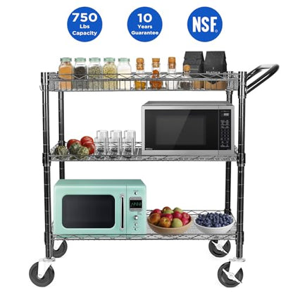 Heavy Duty 3 Tier Utility Cart,Wire Rolling Cart with Wheels, Commercial Grade Service Cart with Shelving Liners and Handle Bar Metal Carts for Kitchen Office Hardware - color: 750lbs Capacity Black