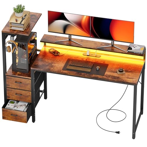 HLDIRECT 60 Inch Gaming Desk with Power Outlets & LED Lights, Rustic Brown | Reversible gaming computer desk with built-in monitor stand, 3 fabric drawers & 4 side hooks, 2 AC outlets & 3 USB ports - color: Rustic Brown, size: 60 inch