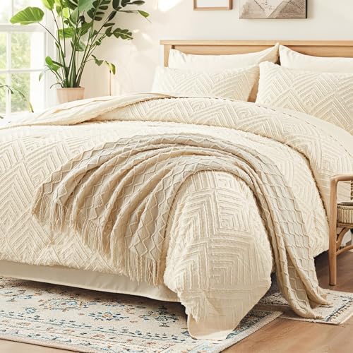 Zzlpp King Size Comforter Set 7 Piece, Cream Bed in a Bag King Bedding Sets | Boho Tufted, OEKO-TEX Certified, Luxury, Lightweight, All Season, Down Alternative Comforter, Breathable sheets & pillowcases - color: 03 - Cream, size: King