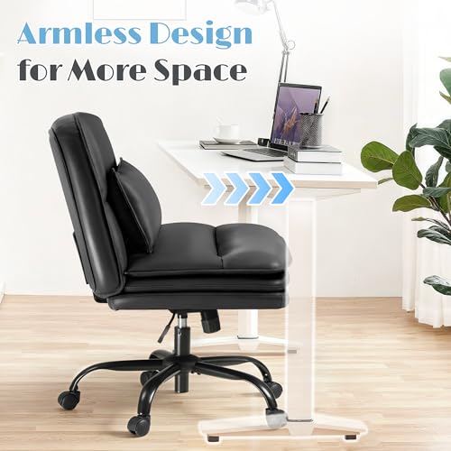Furmax Criss Cross Legged Office Chair with Wheels, Armless Extra Wide Seat Swivel Desk Chair, Adjustable Height Comfy Task Chair with Thick Cushion for Home Office Bedroom Vanity (PU Leather, Black) - color: Black