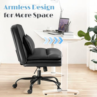 Furmax Criss Cross Legged Office Chair with Wheels, Armless Extra Wide Seat Swivel Desk Chair, Adjustable Height Comfy Task Chair with Thick Cushion for Home Office Bedroom Vanity (PU Leather, Black) - color: Black