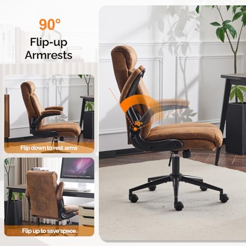 VINGLI Microfiber Brown Rolling Ergonomic Office Desk Chair with Padded Flip-up Arms, 360°Swivel High Back Executive Computer Chair with Wheels for Game，Home Small Space, Study Room, Reading Room - color: Microfiber-brown