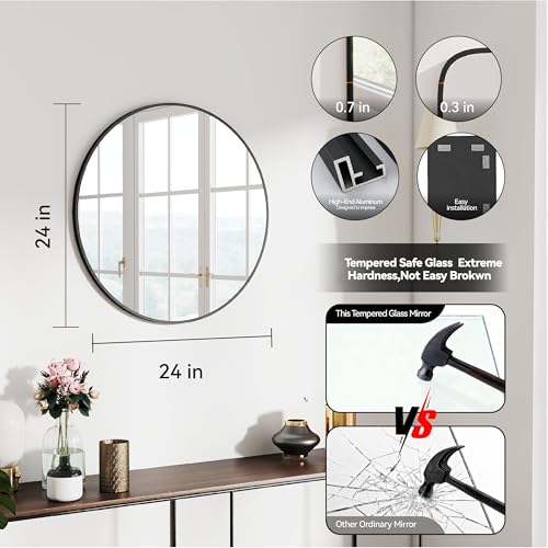 SCWF-GZ 24" Round Mirror Circle Wall Mounted Hanging/Against Wall Black | HD Crystal Clear No distortion Tempered Glass,Aluminum Frame,Make-Up Mirrors for Bedroom,Entryway,Bathroom,Living Room - color: Black, size: 24"L x 24"W