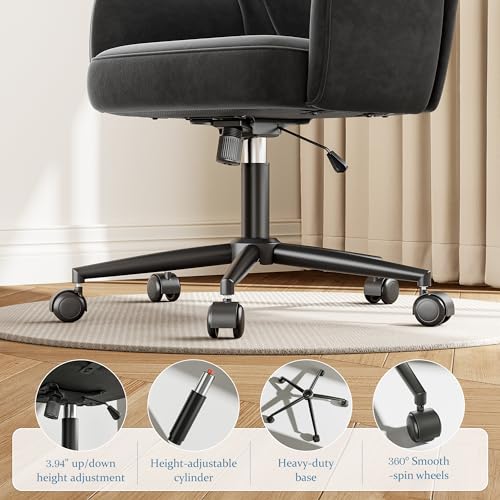 DurayLoly Velet Vanity Chair with Wheels & Shell Back | 360° Swivel Desk Chair,Adjustable Height,Stylish and Comfortable for Makeup, Work & Relaxation,Black - color: Black