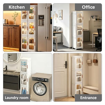 Tall Narrow Storage Cabinet with Movable Wheels, Adjustable Shelves & Magnetic Doors – Foldable Slim Plastic Organizer for Bathroom, Kitchen, Laundry, Ideal for Small Spaces(4-Tier,White) - size: 11.2"D x 9.6"W x 65.4"H