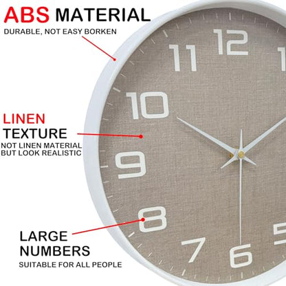Silent Wall Clock with Large Numbers, 10 Inch Battery Operated Analog Clock with Tempered Glass Burlap Texture Non-Ticking Wall Clocks for Living Room Bedroom Kitchen Office Classroom,White - color: White Brown, size: 10 Inch