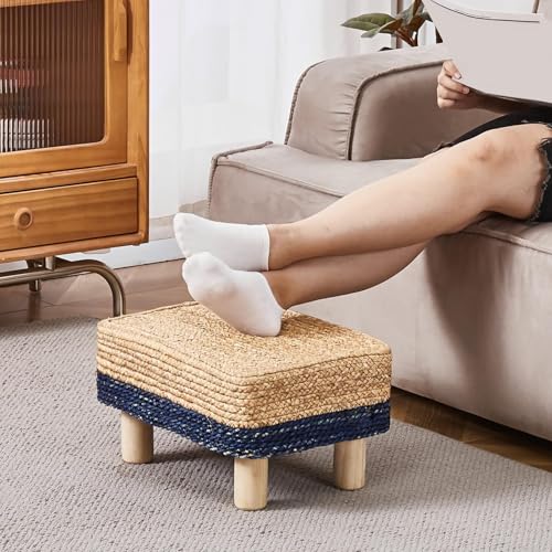 Wimarsbon Natural Seagrass Footstool Ottoman Rectangular Footrest Pouf Ottomans with Wooden Legs Hand Weave Step Stool for Living Room Bedroom Entryway Blue - color: Blue, size: 12"D x 16.5"W x 9.5"H