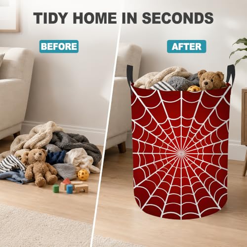 Red Spider Web Dirty Clothes Hamper,Foldable Laundry Basket with Handles,Halloween Gothic Waterproof Oxford Cloth Storage Bin for Bedroom Bathroom Nursery,16 x 20 Inch - color: Red Spider Web,Halloween Gothic