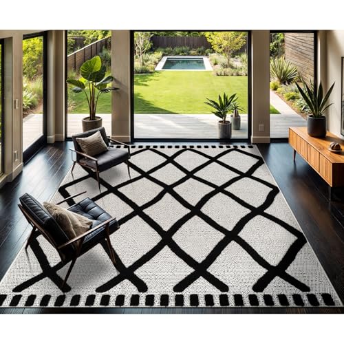 Modern Rug 9x12 Luxury Diamond Pattern Large Micro Loop Area Rugs Soft High-Low Pile Stain Resistant Easy to Clean Non-Shedding Durable Living Room Bedroom Indoor Carpet (Black/White) - color: Bold / Black, size: 9' x 12' (Rectangular)