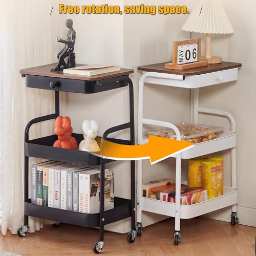3-Tier Rolling Utility Cart with Drawers, Solid Wood Tabletop Metal Storage Cart, 360° Swivel Wheels & 2 Lockable Casters, Lightweight Mobile Organizer Trolley for Kitchen Living Room Bathroom - color: White