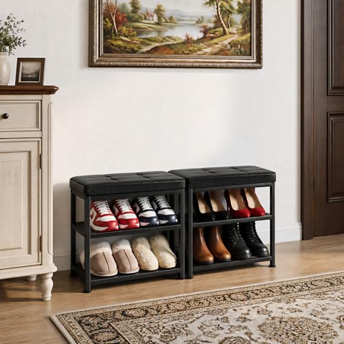 Small Shoe Storage Bench with PU Leather Seat Cushion, 3-Tier Freestanding Shoe Rack Organizer for Entryway, Heavy-Duty Metal Mesh Shelves, Supports Up to 300 lbs, Black (15.7"x11.4"x17.5") - color: Black, size: 15.7"L