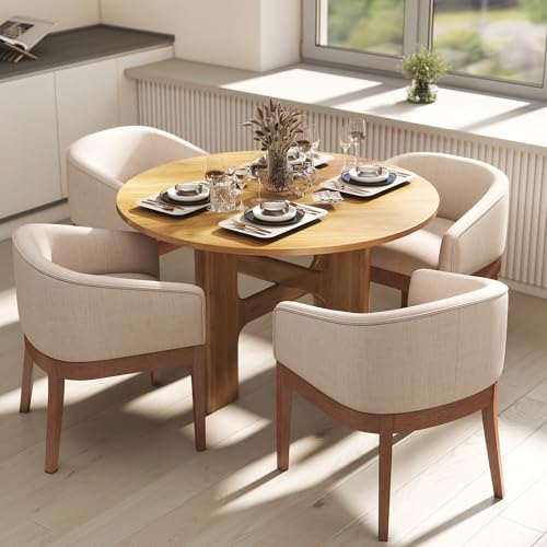 HNY Round Wood Dining Table, 47 Inch, Natural Oak | For 4-6 People, Pedestal Base, Modern Circle Design, Farmhouse Style, for Dining Room, Restaurant, Apartment