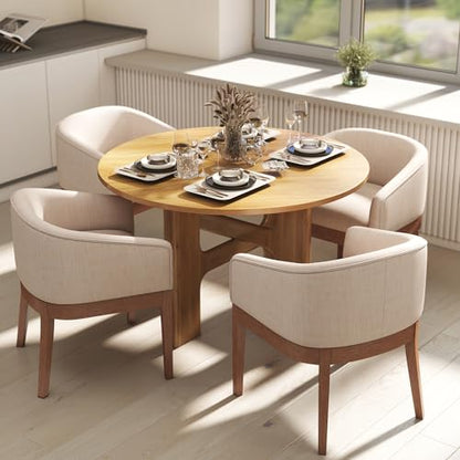 HNY Round Wood Dining Table, 47 Inch, Natural Oak | For 4-6 People, Pedestal Base, Modern Circle Design, Farmhouse Style, for Dining Room, Restaurant, Apartment