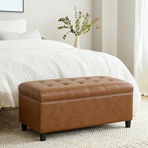 Rectangular Lift Top Storage Ottoman Bench, Faux Leather Storage Bench for Living Room Entryway Bedroom, Ochre Yellow - color: Ochre Yellow