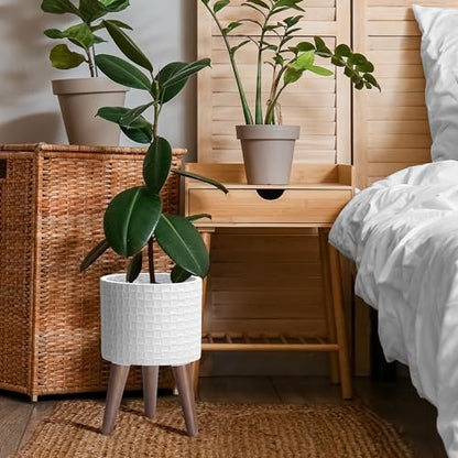 D'vine Dev Planter Pot with Wood Stand, 8 in, Matte White, 88-Z-A-1 | Mid-Century Modern Style, Elevated Plant Display, Drainage Hole and Plug, Functional & Stylish, Modern Indoor Planter - color: Matte White, size: Small