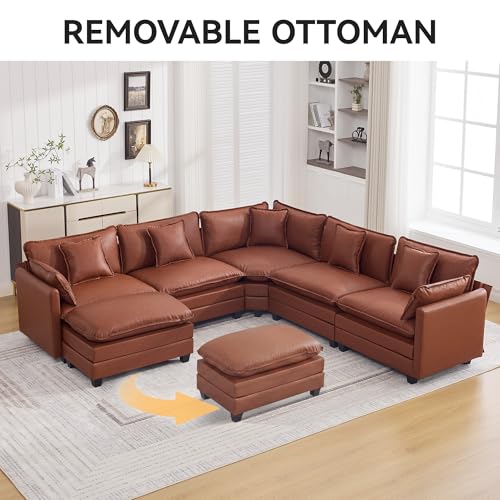 WUTUTUEE 35'' Modern Leather Cloud Sofa Ottoman,Rectangle Ottoman for Modular Sectional Sofa, Leather Brown - color: Pu-dark Brown, size: 35'' Ottoman