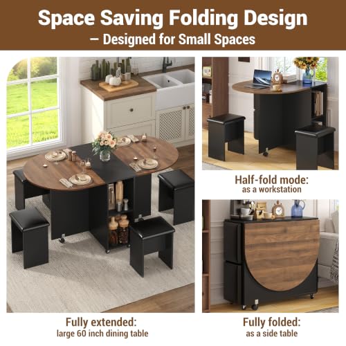 60" Extendable Drop Leaf Dining Table Set with 4 Leather Chairs,Storage,5 Pcs Oval Foldable Kitchen Table and Chairs Set for 4-8 People,6 Wheels,Folding Table Set for Small Space Saving,Walnut - color: Walnut