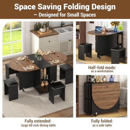 60" Extendable Drop Leaf Dining Table Set with 4 Leather Chairs,Storage,5 Pcs Oval Foldable Kitchen Table and Chairs Set for 4-8 People,6 Wheels,Folding Table Set for Small Space Saving,Walnut - color: Walnut