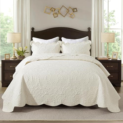 HoneiLife Quilt Sets King Size - Microfiber Bedspreads for King Bed, 3-Piece Lightweight Coverlets, Retro Bedlinen Sets, King Quilt Bedding Set All Season Use-Beige - color: Beige, size: King-106"x96"