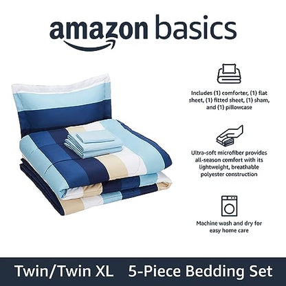 Amazon Basics 5-Piece Lightweight Microfiber Comforter Bedding Set with Sheet, Twin XL, Blue Stripe, Bed-in-a-Bag - color: Blue Stripe, size: Twin/Twin XL, style: 1-Pack