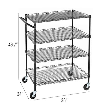 Finnhomy 4 Tier Heavy Duty Commercial Grade Rolling Cart with Handle Bar, Metal Wire Utility Cart with Wheels, Service Trolley on Wheels, Shelf Size 24" D x 36" W, NSF, Black - size: 36"L x 24"W x 46.7"H-4 Tier, style: Black Cart