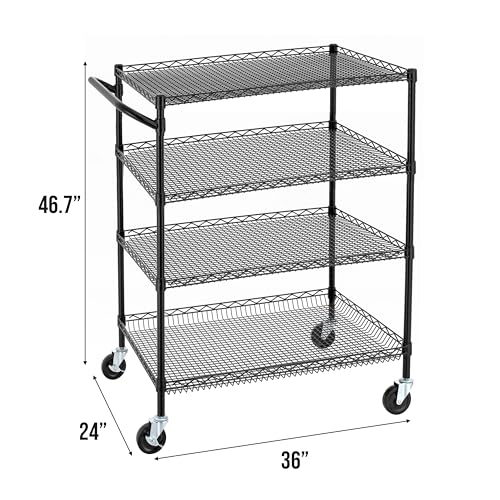 Finnhomy 4 Tier Heavy Duty Commercial Grade Rolling Cart with Handle Bar, Metal Wire Utility Cart with Wheels, Service Trolley on Wheels, Shelf Size 24" D x 36" W, NSF, Black - size: 36"L x 24"W x 46.7"H-4 Tier, style: Black Cart